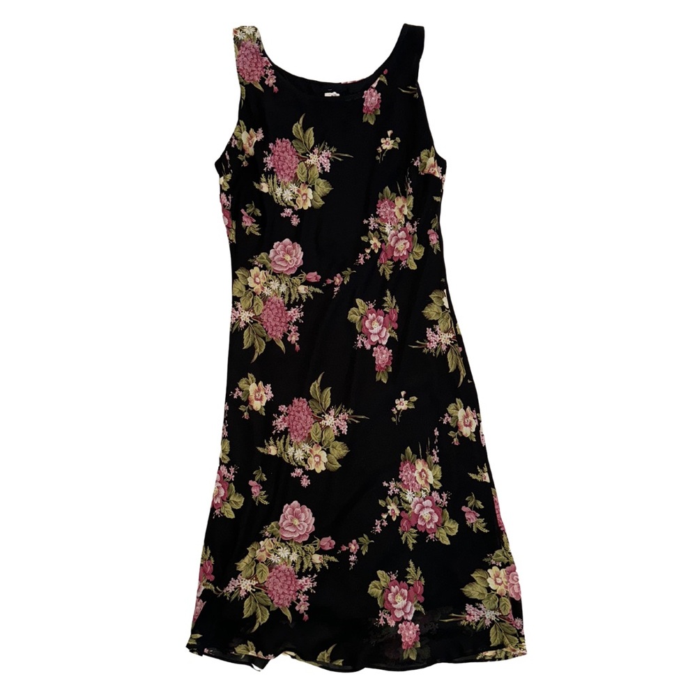 90s Black tank top style maxi dress size 18/20 with pink and green floral print